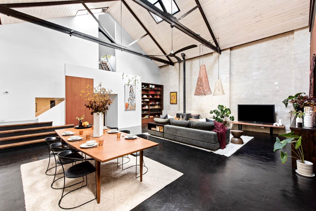 Rankins House — the great room, living and dining beneath the original trusses