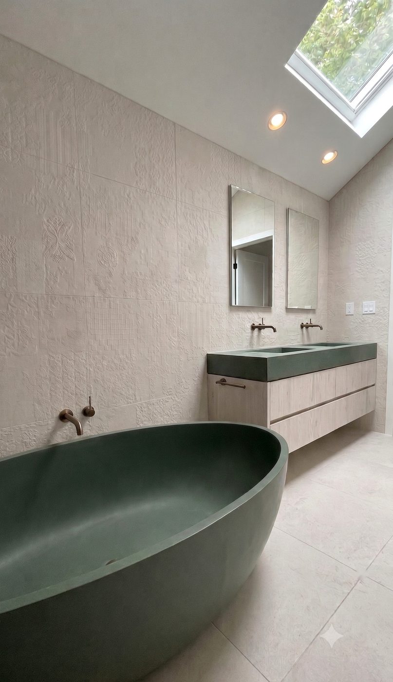 The ensuite — a green Apaiser stone bath beneath the window, double apaiserMarble vanity beyond