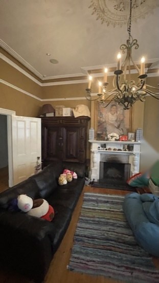 The formal lounge before the work — dark walls, the mantel and rose beneath