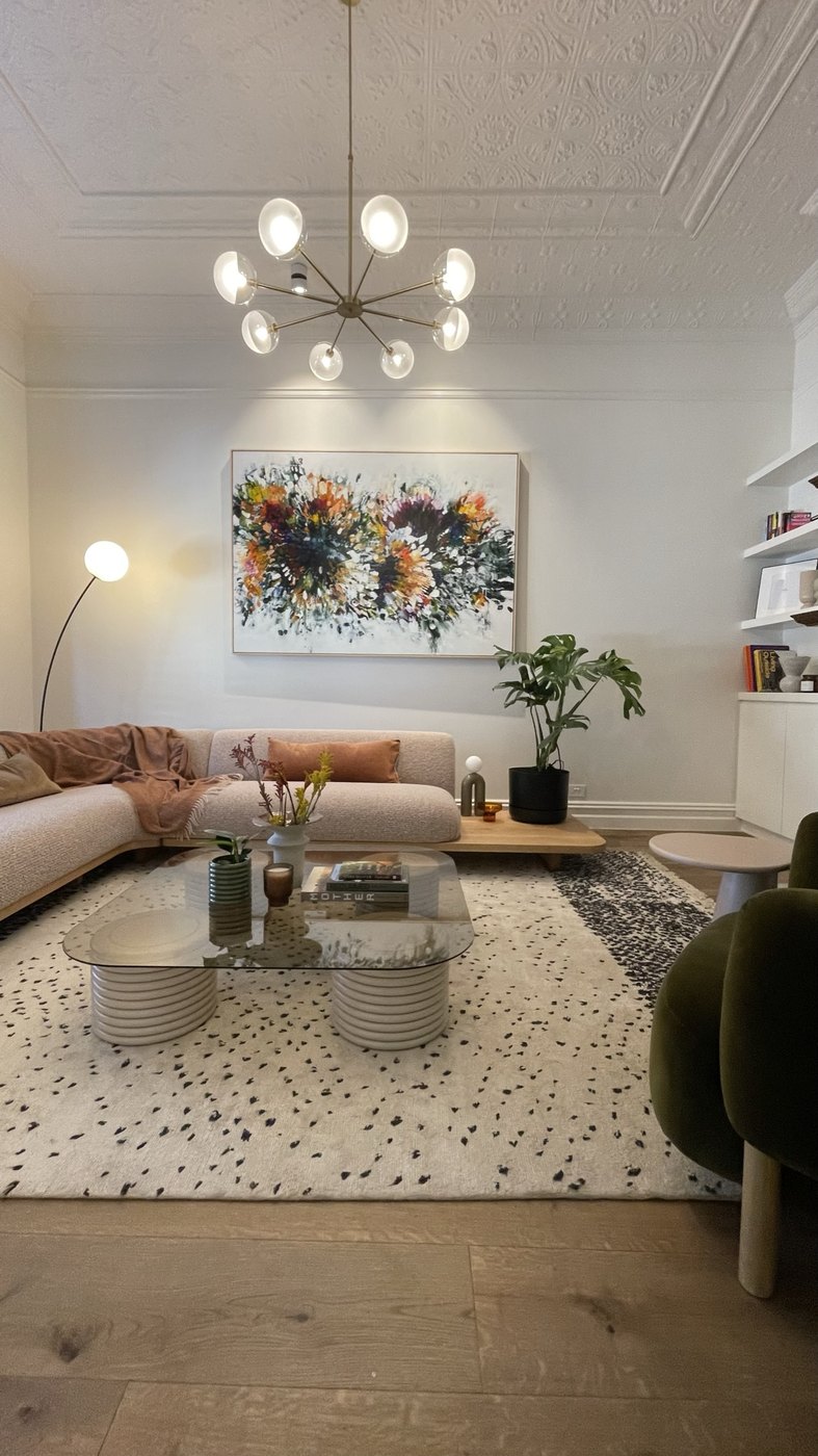 The pressed-metal ceiling of the formal lounge with a new brass chandelier beneath it