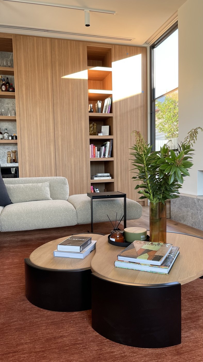 The casual living joinery wall — timber shelving with lit bar nook, kidney-shaped coffee tables on a rust rug