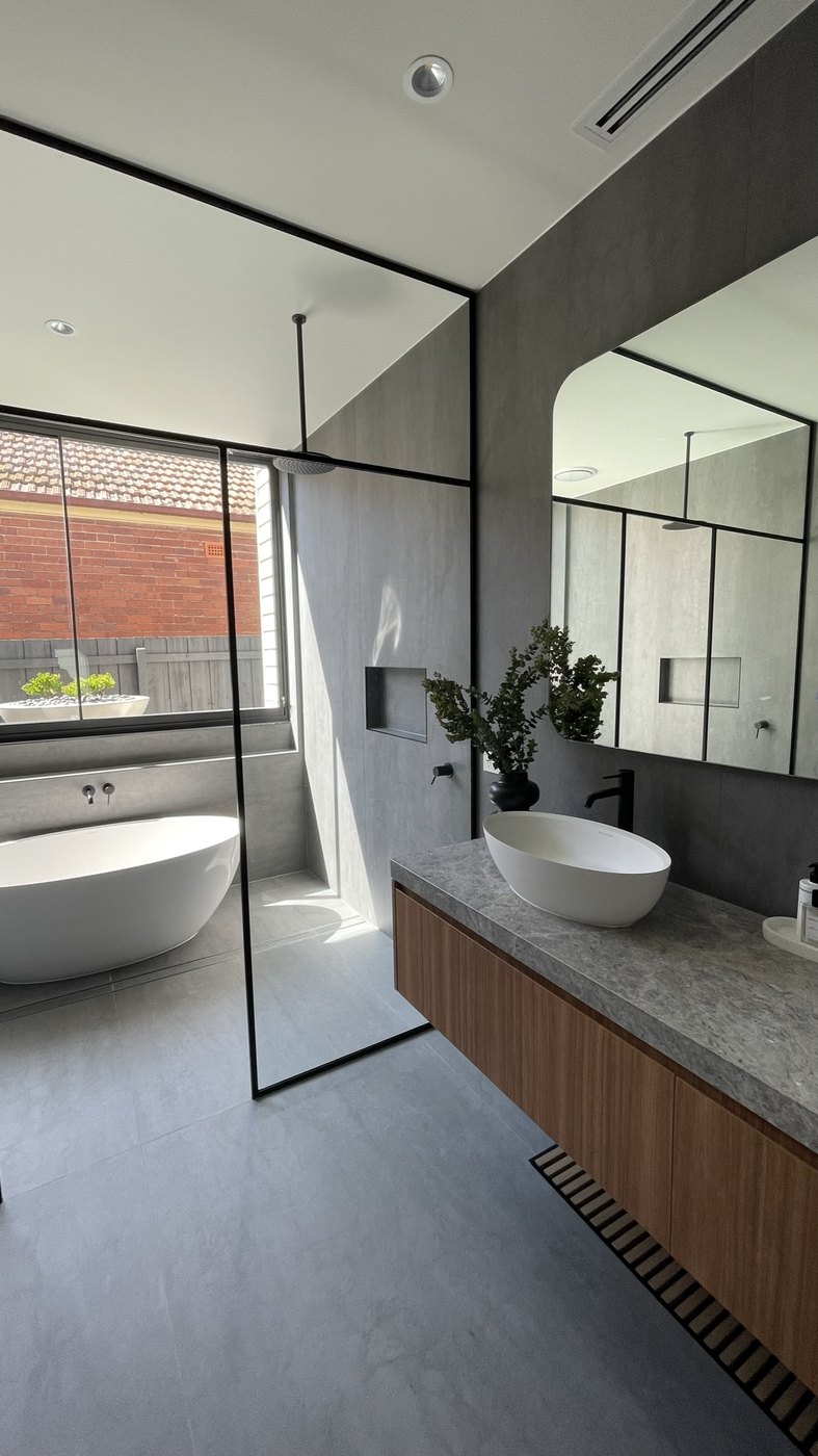 The family bathroom — freestanding tub by the window, black-framed glass shower, floating timber vanity with stone top